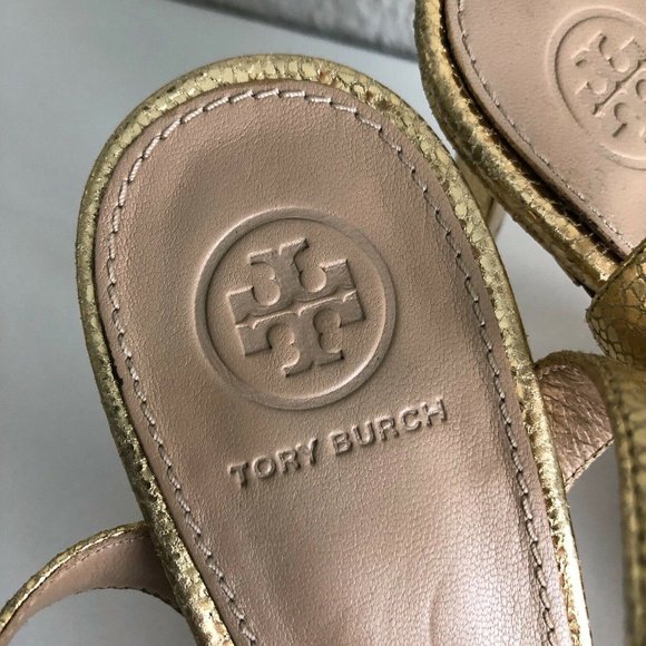 Tory Burch Women's Elana Sandals Size 8.5 M Metallic Gold Strappy Heels 85 mm - Picture 3 of 12